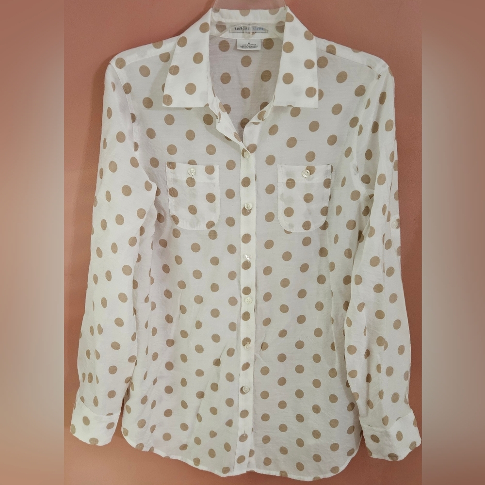 Van Heusen Studio Women's Collared Button Blouse White Brown Polka Dots Medium